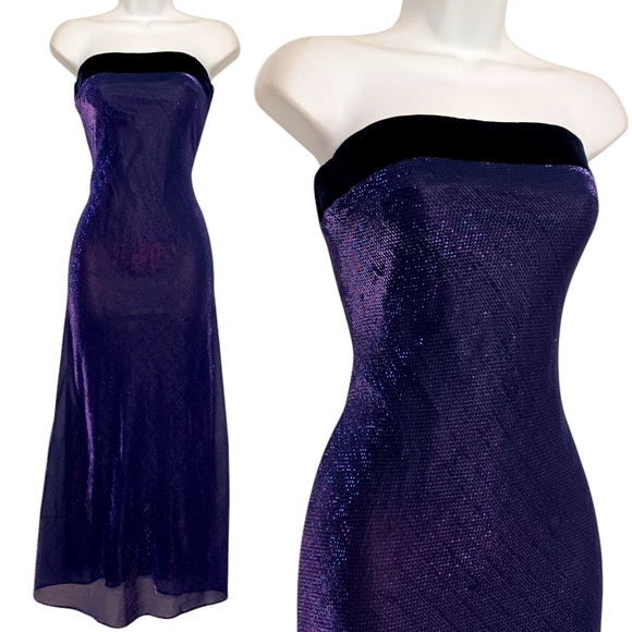 VTG JUMP Wendye Chaitin Purple Shimmer Mesh Strapless Velvet Maxi Party Dress M